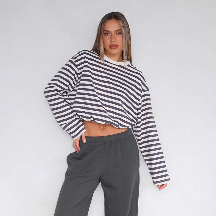 Dame afslappet stribet crop-pullover med snor Stilla