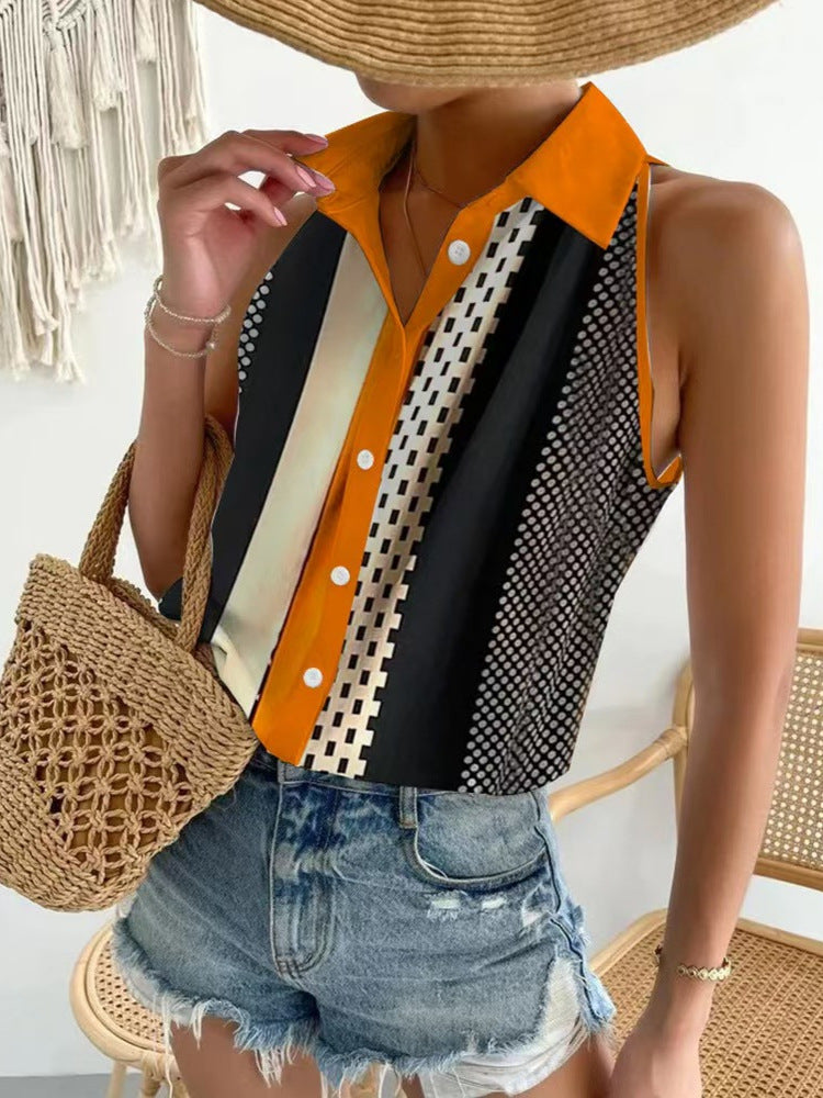 Dame ærmeløs bluse skjorte med moderne geometrisk design Stilla