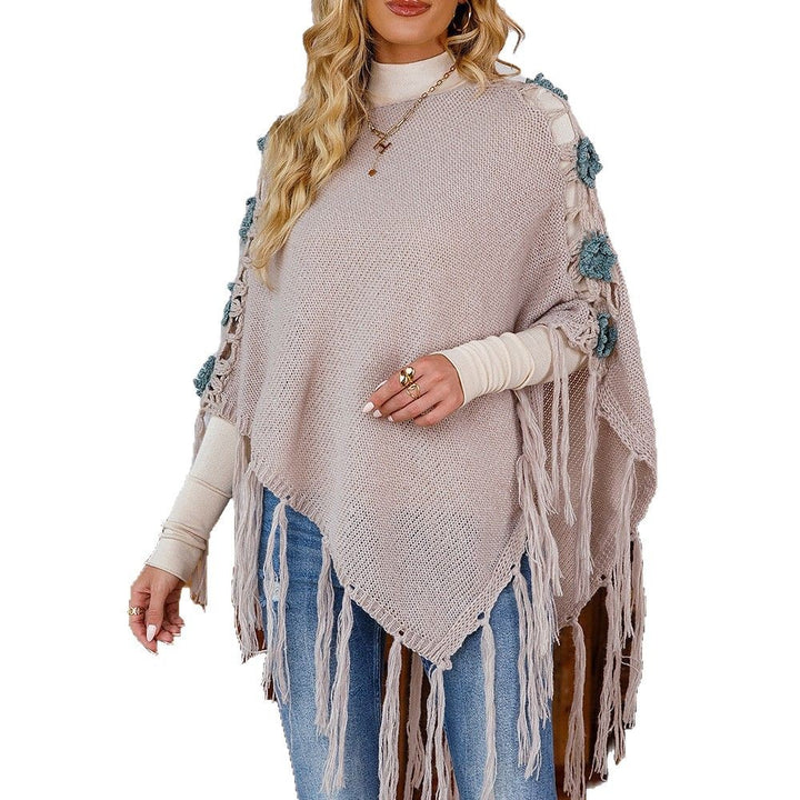Dame Poncho med fransede detaljer og florale applikationer Stilla