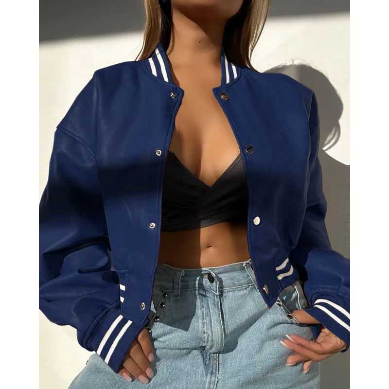 Kvindernes sporty faux læderjakke i klassisk varsity-stil med striber Stilla