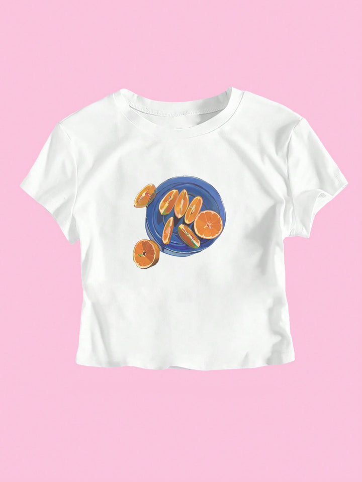 Dame Crop-T-Shirt med frugtagtig design og afslappet skæring Skovae