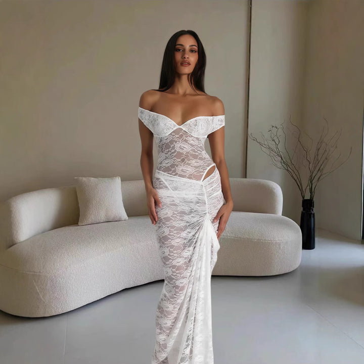 Dame Fantastisk blonde-maxikjole med off-shoulder design og forførende split Stilla