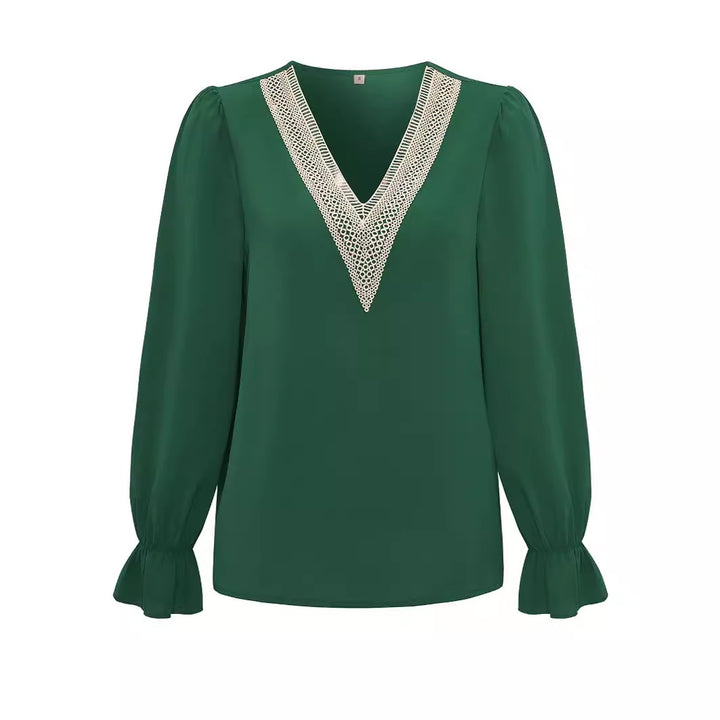 Dame elegant bluse med spidselementer og V-udskæring Stilla