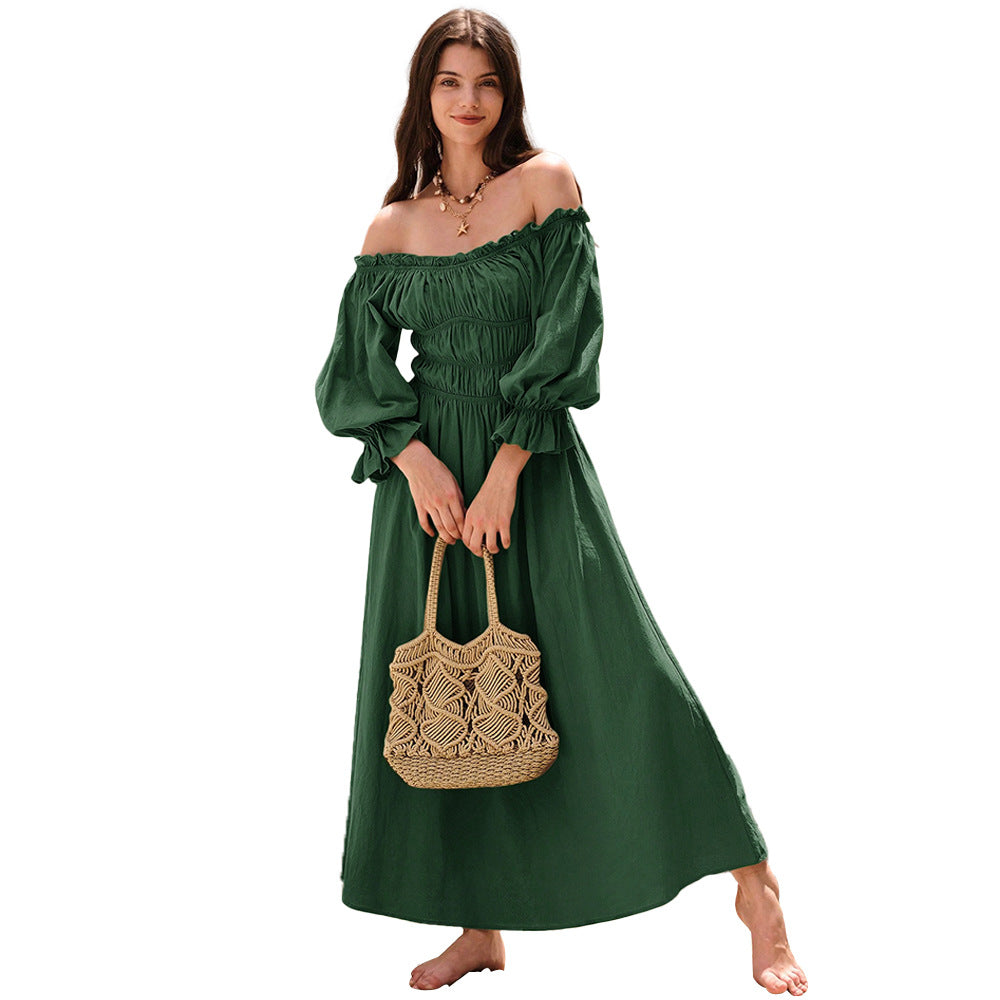 Kvindernes maxi kjole i elegant off-shoulder stil med samlede puffærmer Stilla