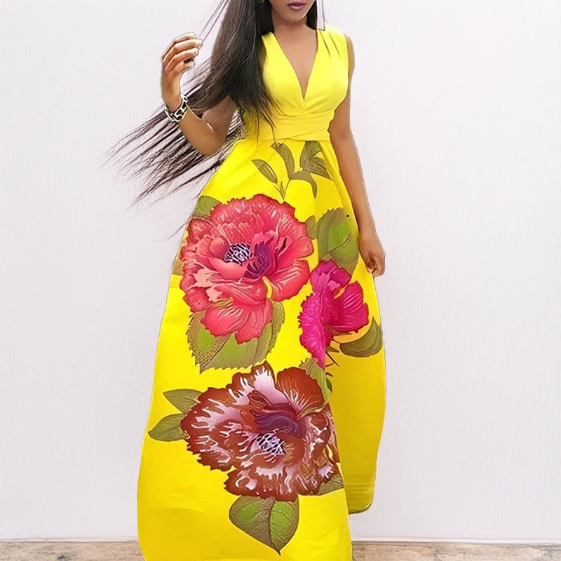Dame Maxikjole med extravagant blomstertryk og figursyet snit Stilla