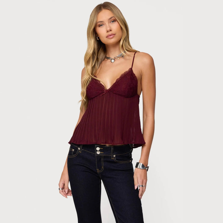 Damer Chiffon Top med spidspunkter og plisseret design Skovae