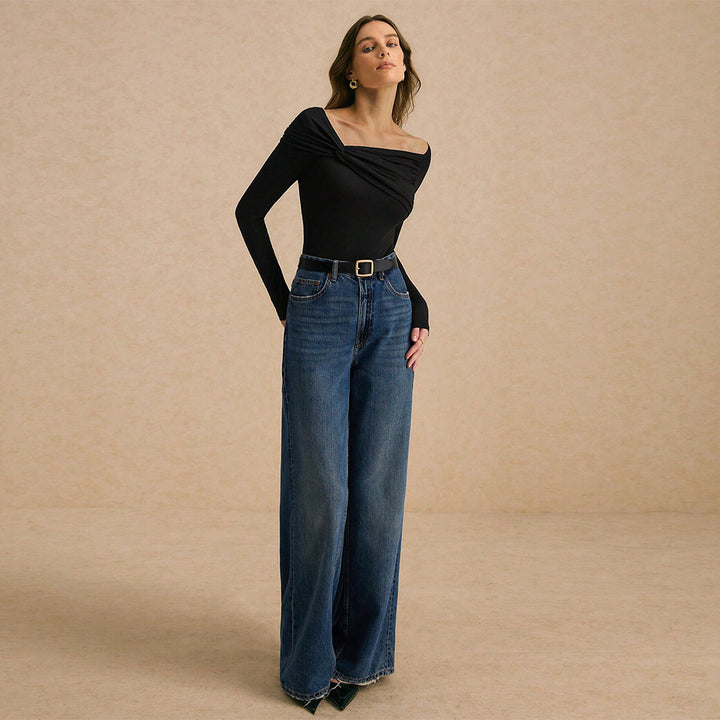 Kvinders langærmet skjorte med asymmetrisk draperingsdesign Stilla