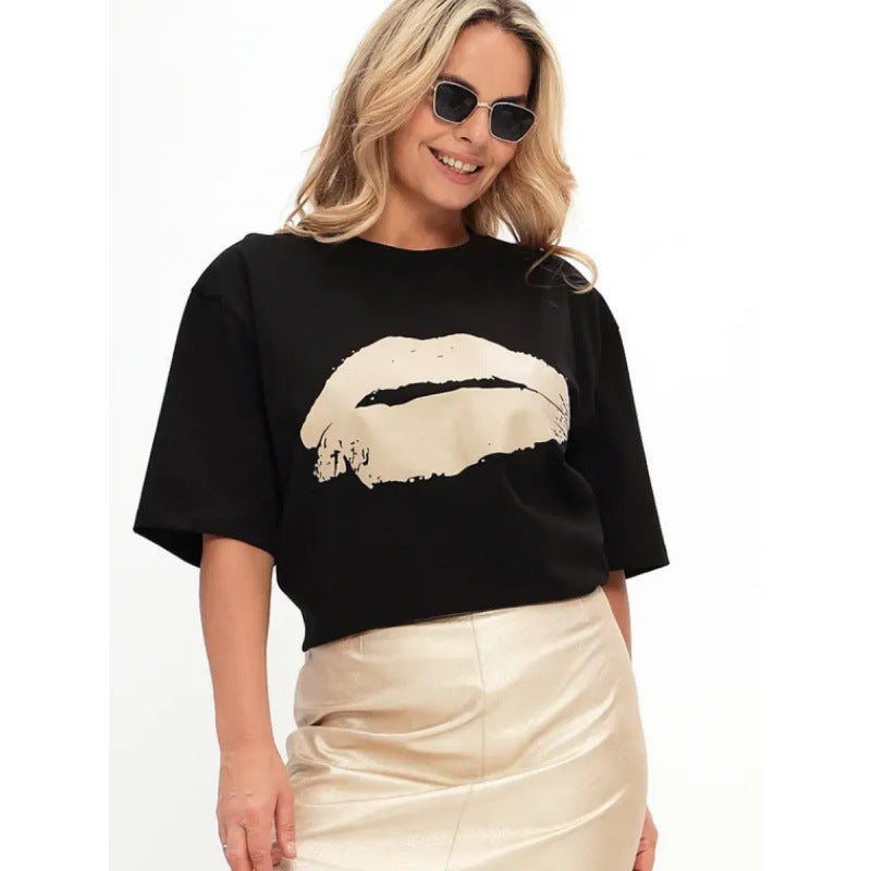 Dame Oversized T-shirt med glamorøs læbeapplikation og løs pasform Stilla