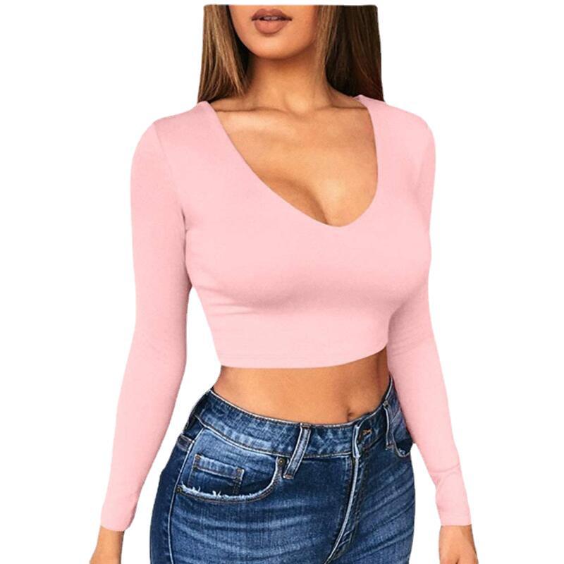 Dame Cropped Langærmet T-shirt med V-hals Stilla