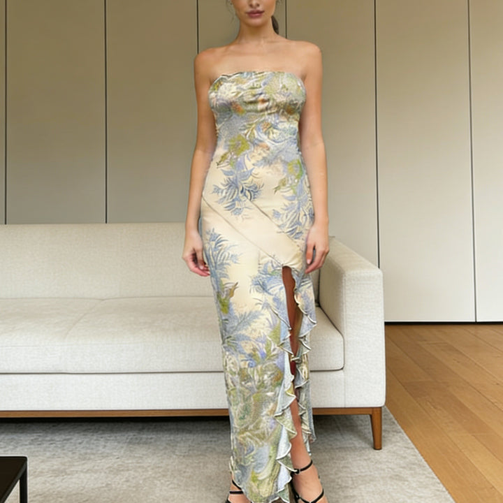 Dame Strapless Maxikjole med flæser og blomstermønster Skovae