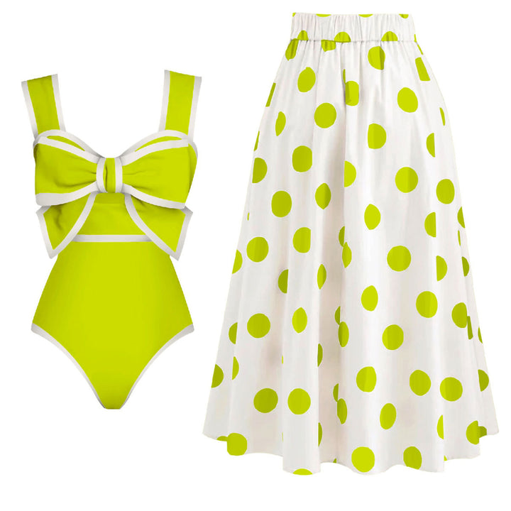 Dame badetøj sæt med flot sløjfe badedragt og elegant polka dot nederdel Stilla