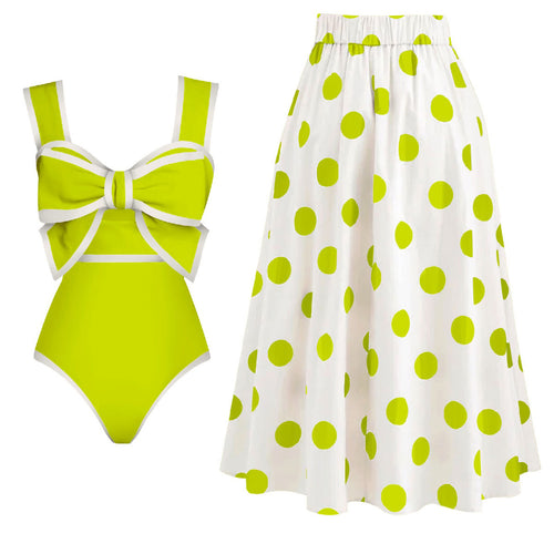 Dame badetøj sæt med flot sløjfe badedragt og elegant polka dot nederdel Stilla