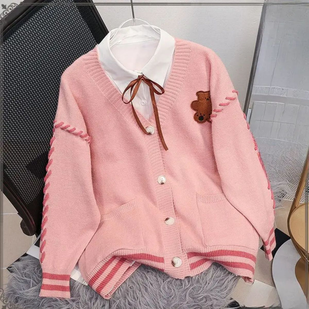 Damer Fluffy cardigan med unikt bjørnemotiv Stilla