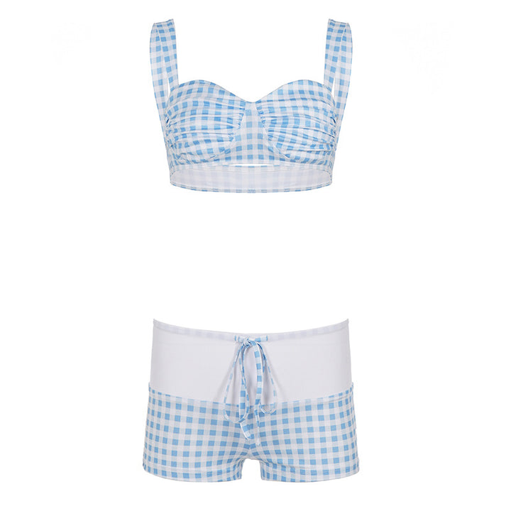 Dame badetøj sæt med ternet top og høj talje shorts Skovae