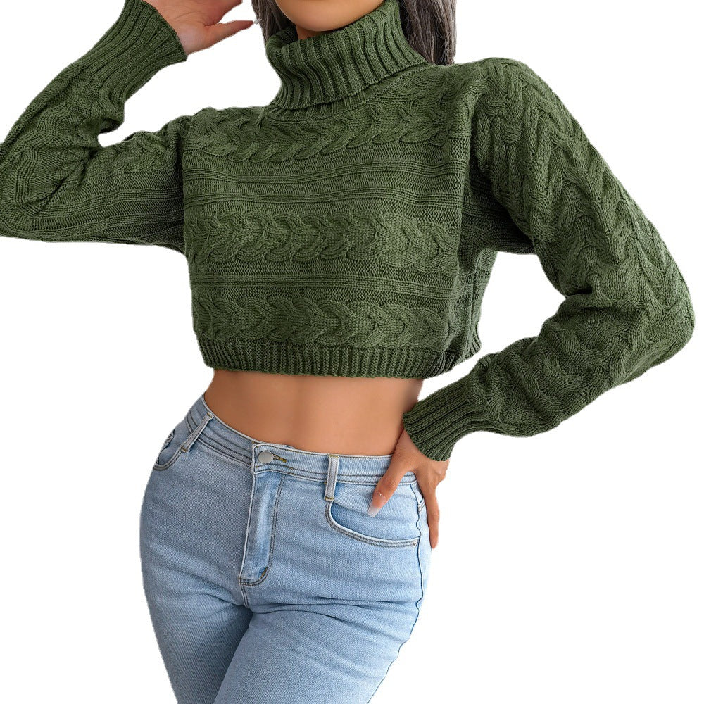 Dame Cropped Strikpullover med høj krave og fletmønster Stilla