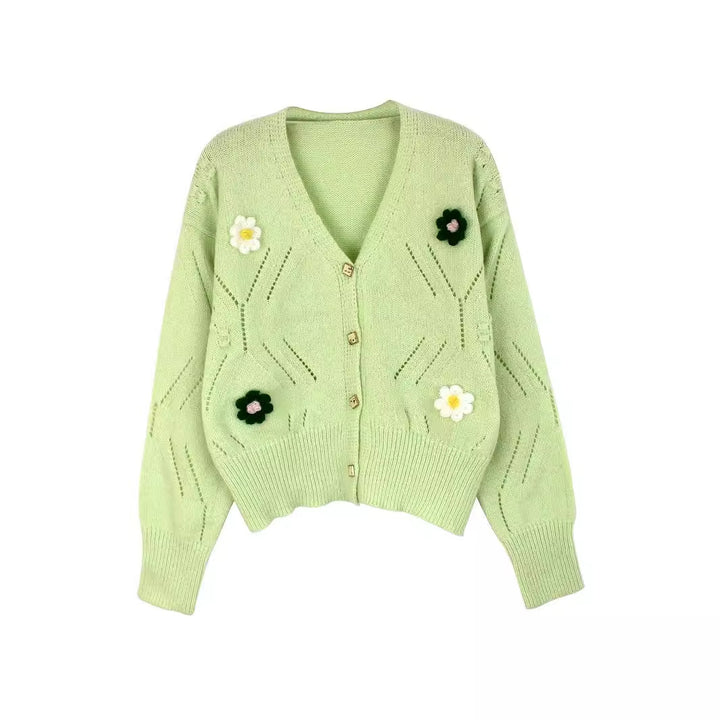 Dame trendy strik cardigan med blomsterapplikationer Stilla