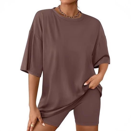 Dame Relaxed Fit Oversized T-Shirt og Biker-Shorts-Sæt Stilla