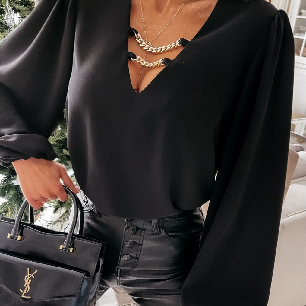 Dame Elegant V-hals Bluse med Puffærmer Stilla