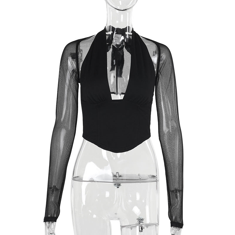 Dame Højhalset Crop-Top med gennemsigtige ærmer Skovae