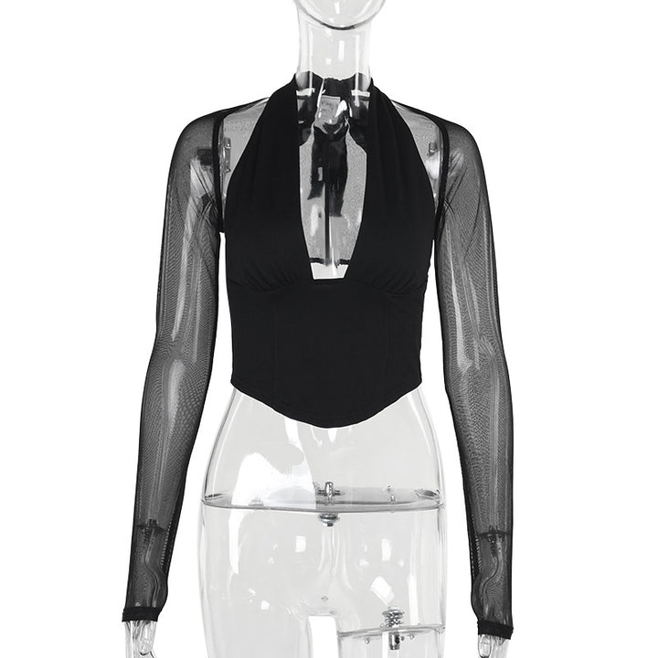 Dame Højhalset Crop-Top med gennemsigtige ærmer Skovae