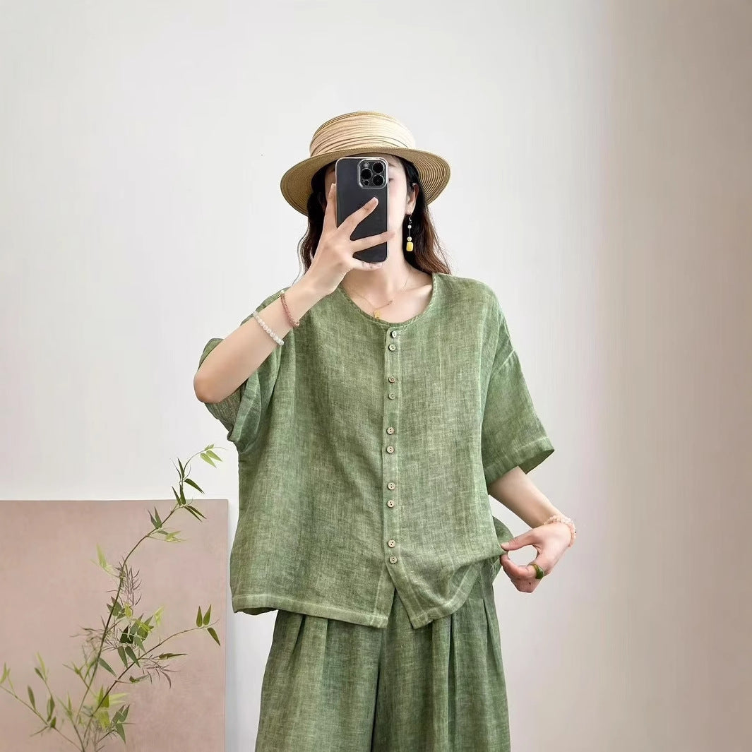 Femme Kortærmet-Linned-Knap-Op-Bluse Stilla