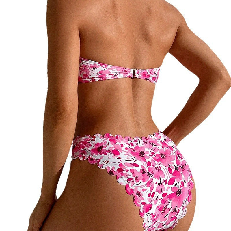Dame bandeau-bikini med blomsterdesign og justerbare stropper Skovae