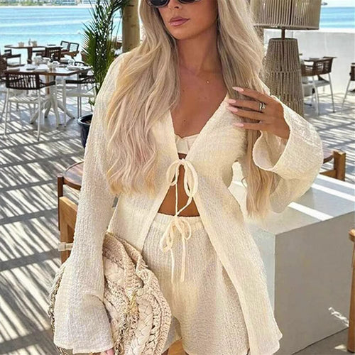 Dame afslappet sæt med langærmet bluse og shorts Skovae