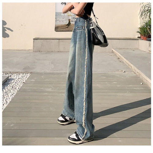 Kvinder Bred Skåret Denim Jeans med Frynser og Høje Ben Stilla
