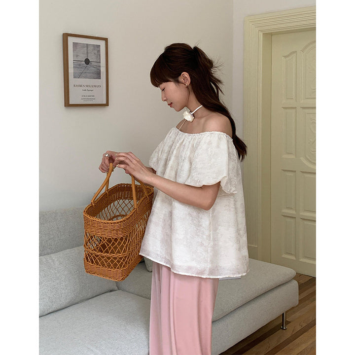 Dame Off-Shoulder Bluse med voluminøse ærmer og blomsterprint Stilla