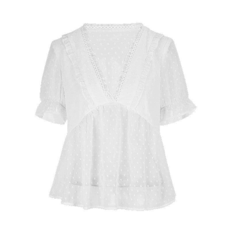 Dame bluse skjorte med flæsedetaljer og punktuelt design Skovae