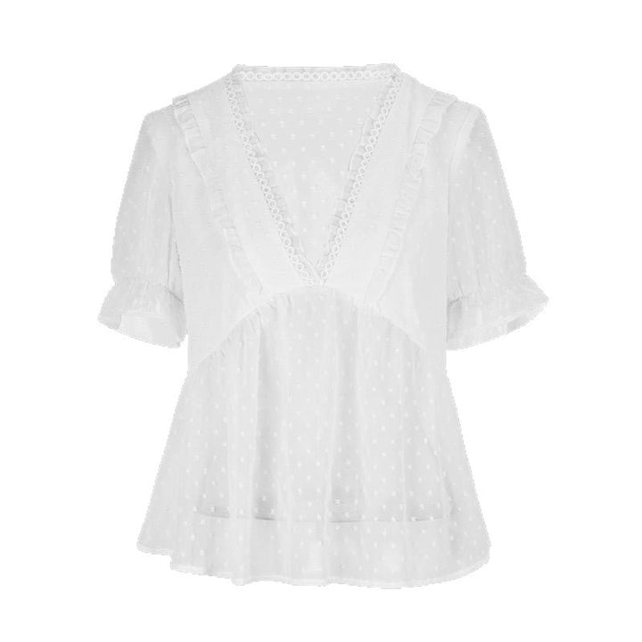 Dame bluse skjorte med flæsedetaljer og punktuelt design Skovae
