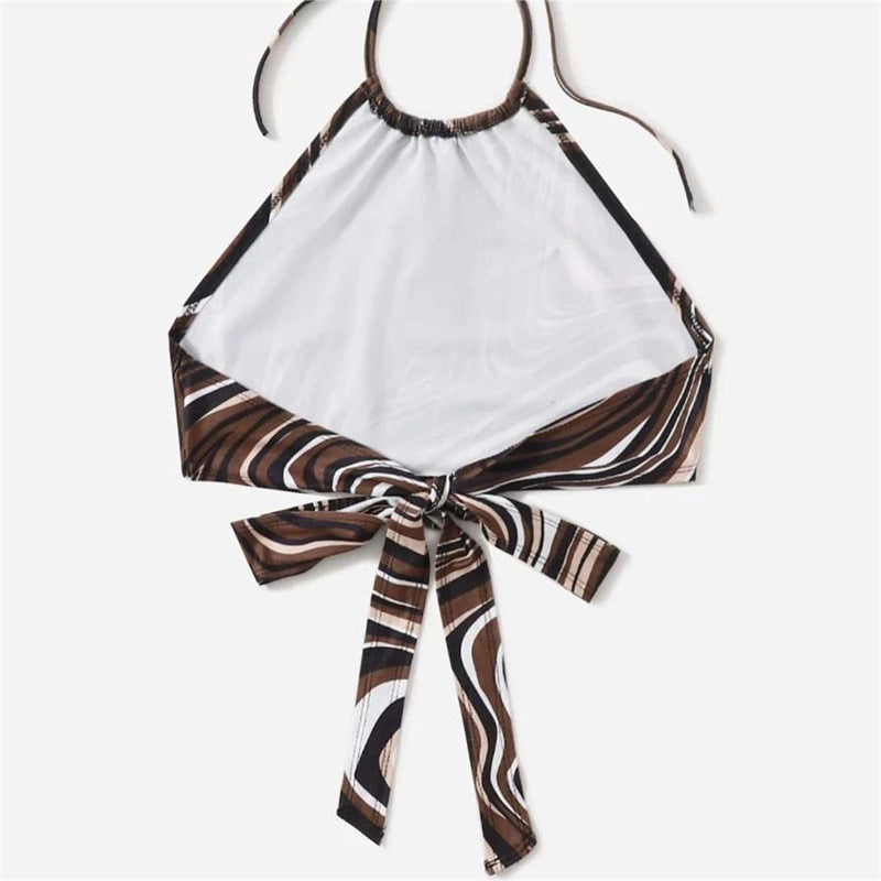 Dame trendy Halter-top med elegant indpakningsdesign og grafisk print Skovae