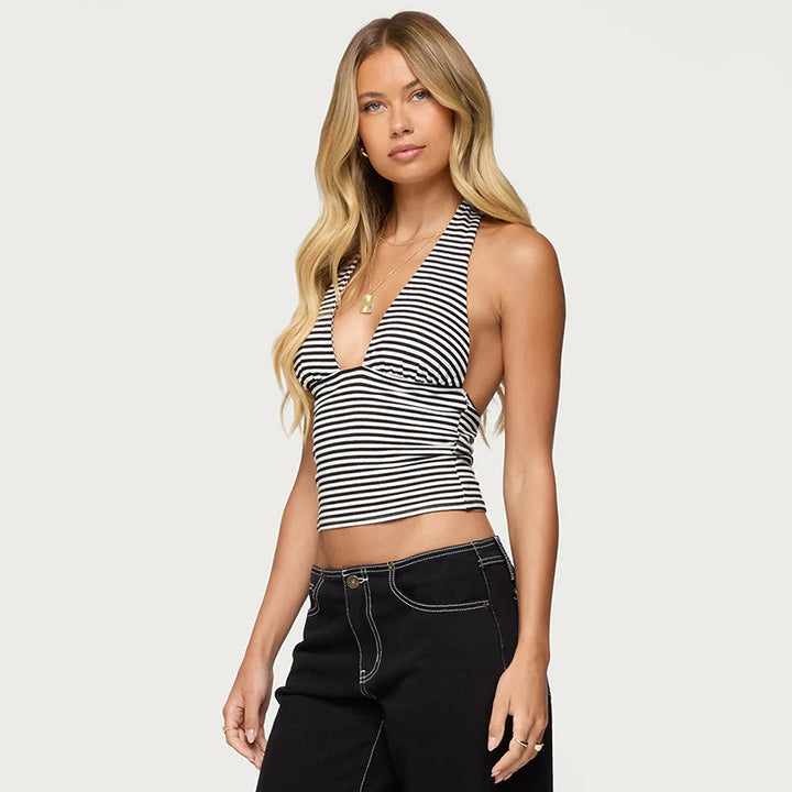 Dame Wrap-Bikini-top med sofistikeret halter-design og stribet mønster Skovae