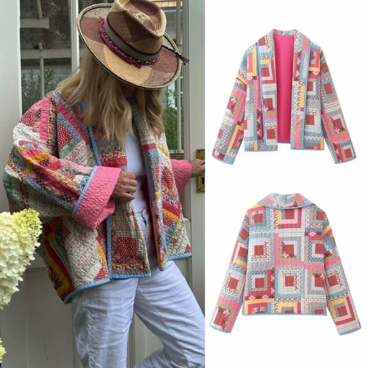 Dame overgangsjakke med farverigt patchwork-design og blødt for Stilla