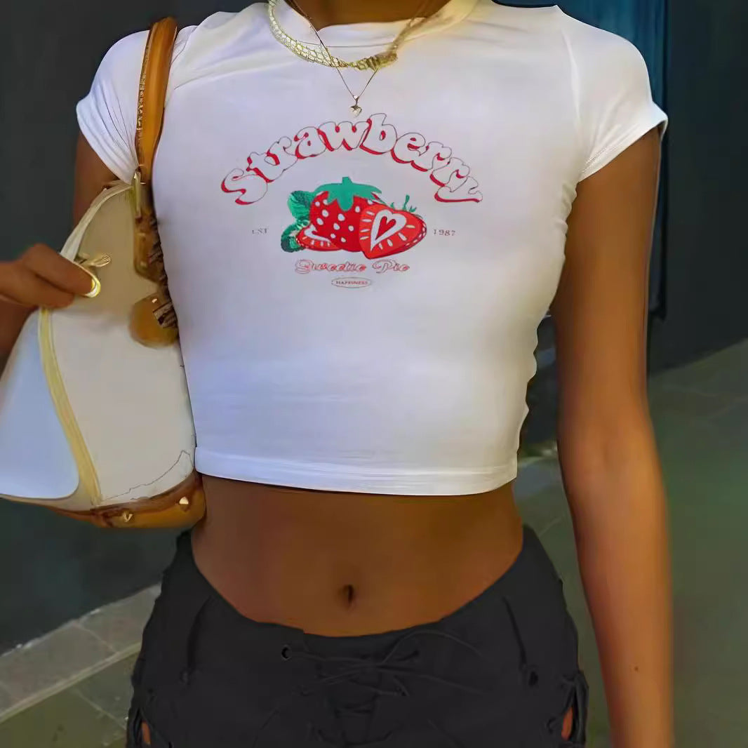 Dame Crop-T-shirt med inspirerende tryk og tætsiddende pasform Skovae