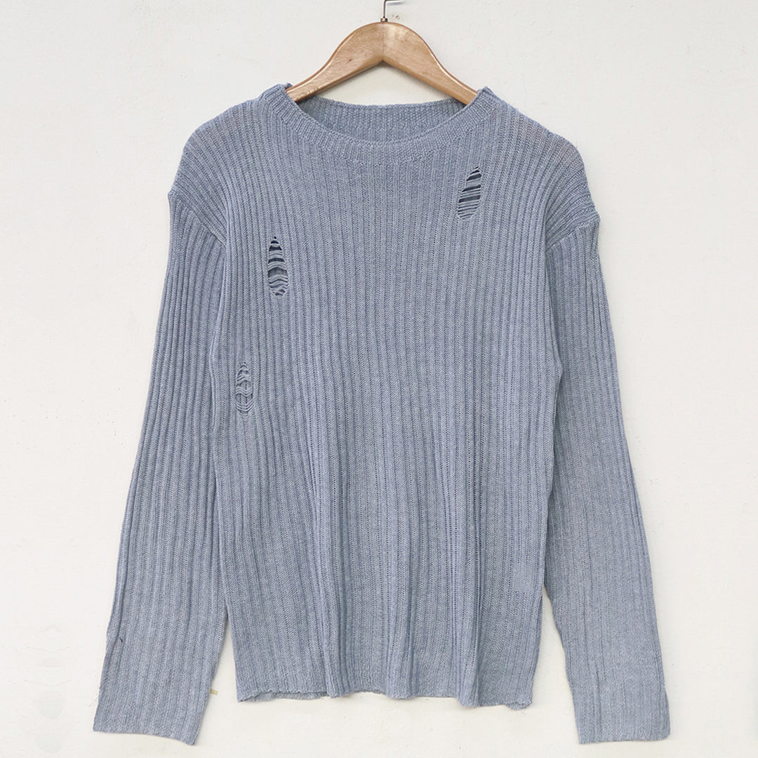 Dame afslappet strikpullover med fashionable rib og stilfulde revner Stilla
