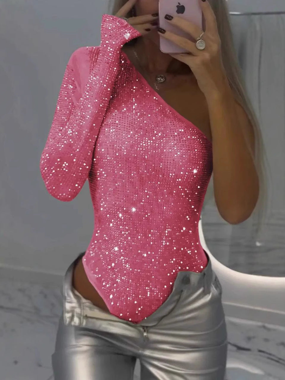 Dame Glitrende Bodysuit med asymmetrisk Udsnit og langærmet Stilla