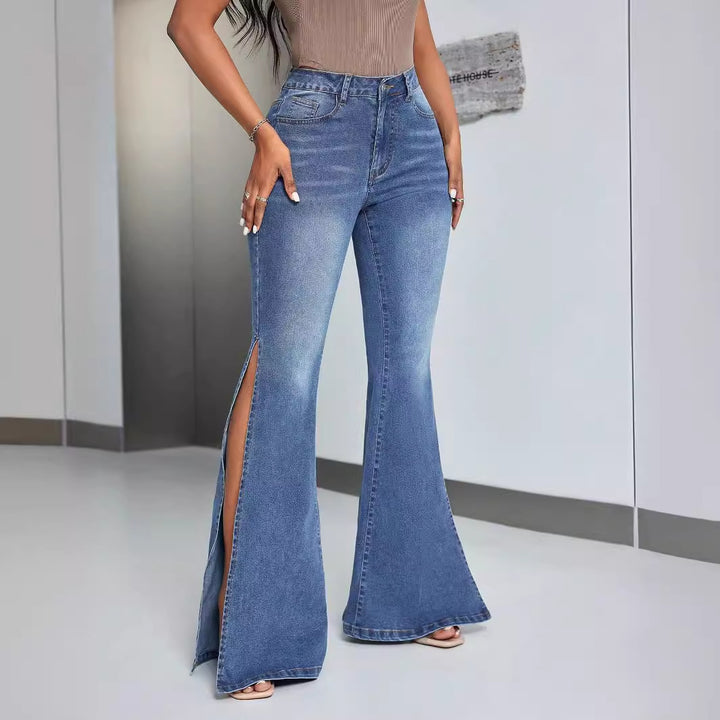 Kvindernes elegante høj talje brede jeans med sideslids Stilla
