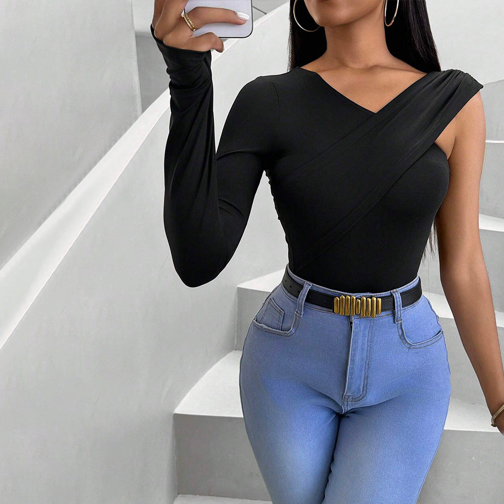 Dame Langærmet Bodysuit med Asymmetrisk Snit og Elegant Twist Design Stilla