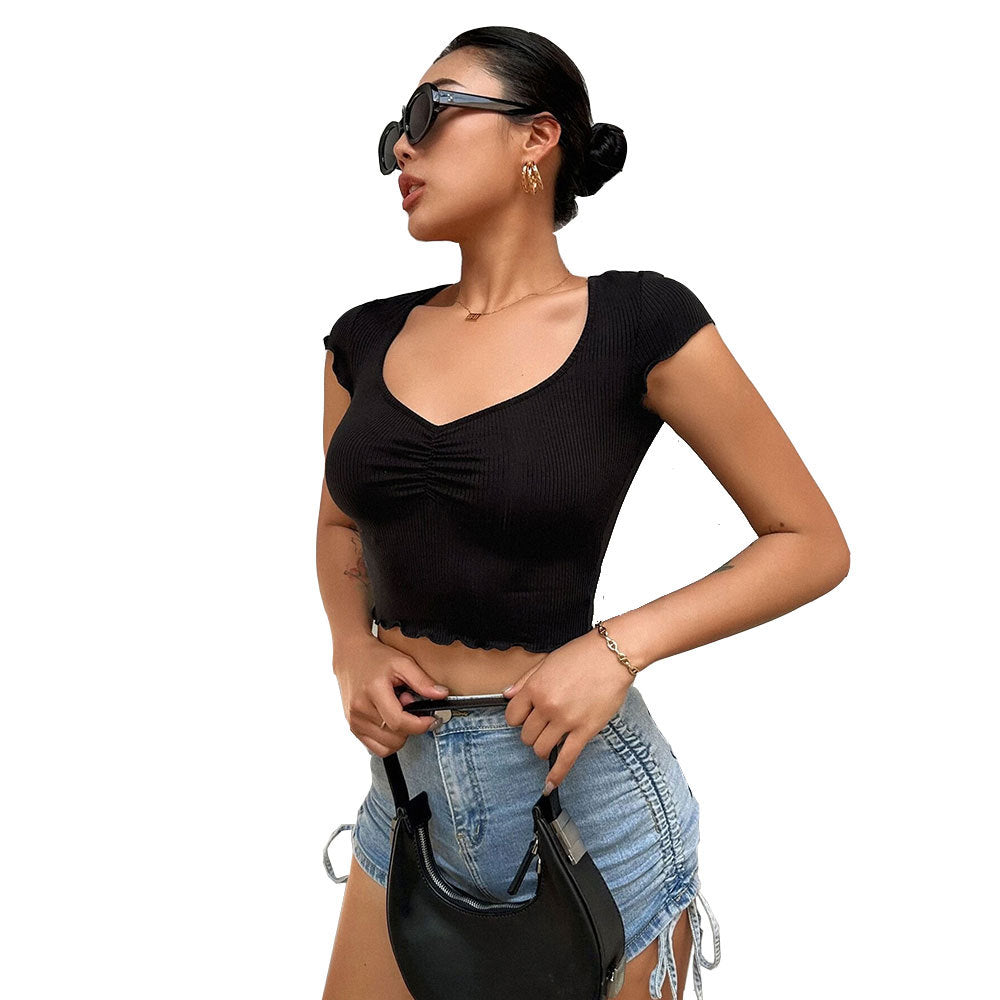 Dame cropped top med elastisk samling og trendy V-hals Stilla