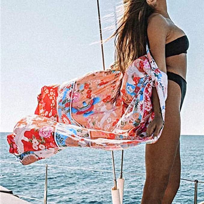 Dame floral Maxi-Kimono med sideslids og bindebælte Stilla
