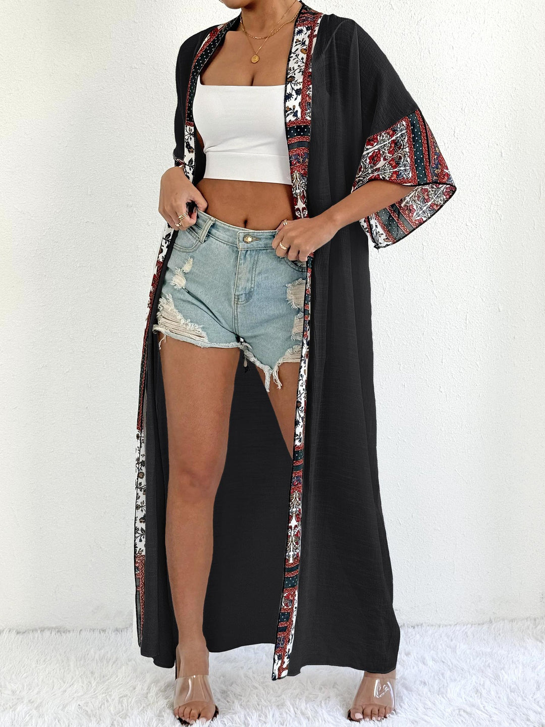 Kvinde Floral Prydet Kimono Stil Cover-Up Stilla