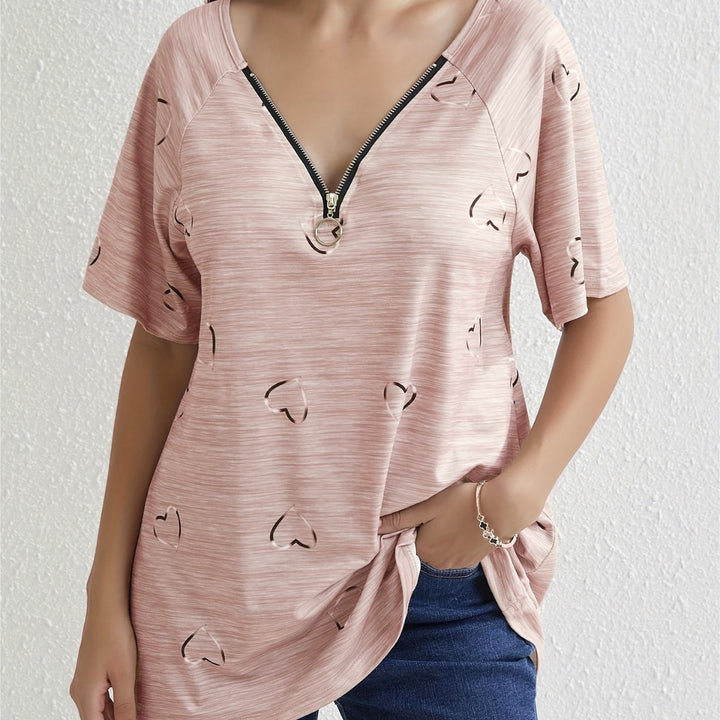 Dame moderne oversized T-shirt med halvtransparent hjerte design og moderne lynlås Stilla