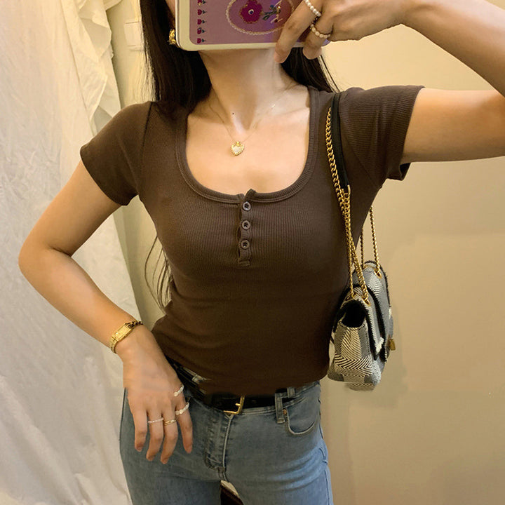 Femme Kortærmet Rib-Henley-Top Stilla