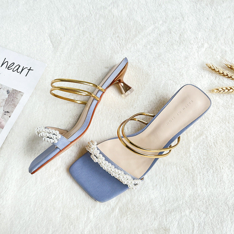 Femme Elegante Perleprydede Slide Sandaler med Blokhæle Stilla