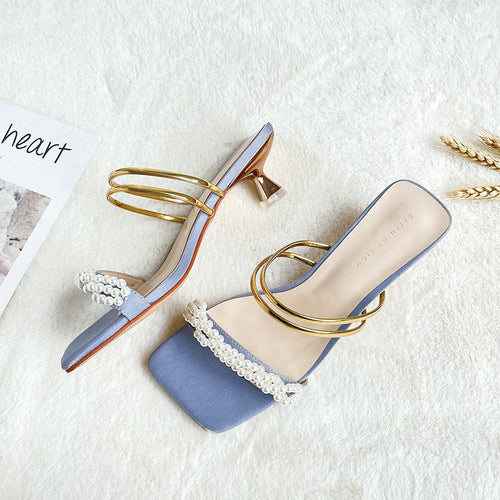 Femme Elegante Perleprydede Slide Sandaler med Blokhæle Stilla