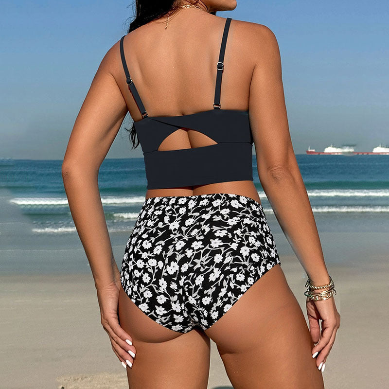 Dame Højtaljet Bikini-Sæt med elegant Crop-Top og florale bund Skovae
