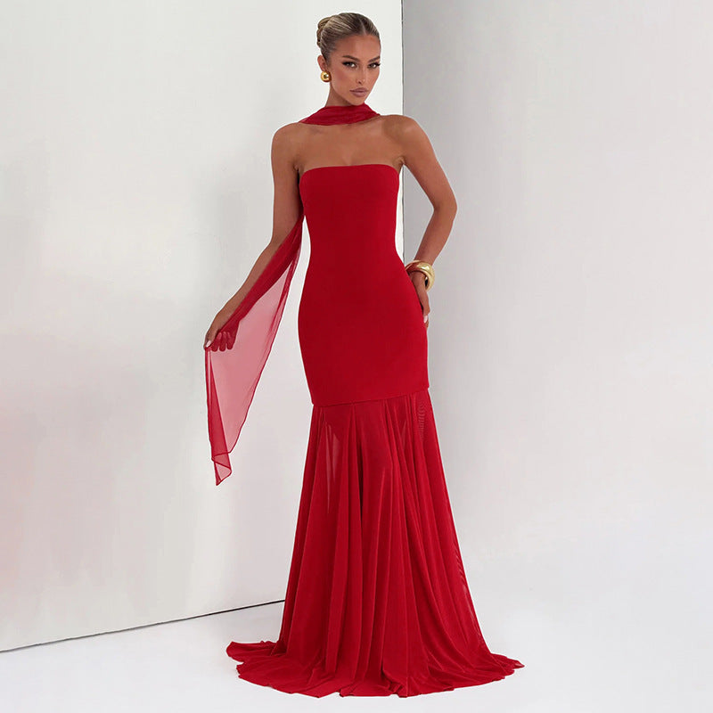 Damer Elegant aften kjole med transparente draperinger Skovae