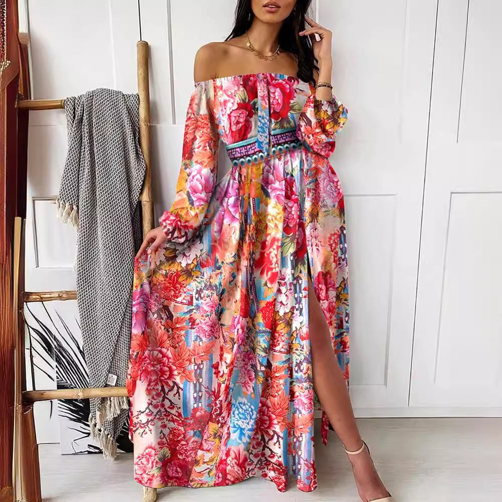 Dame Maxi-kjole med off-shoulder design og farverigt blomster mønster Stilla