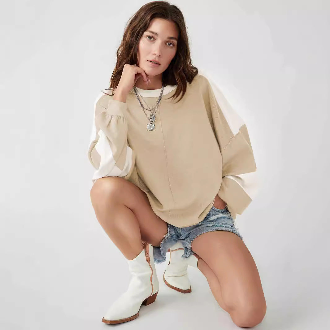 Dame afslappet sweatshirt med løst snit og elegante blokstriber Stilla